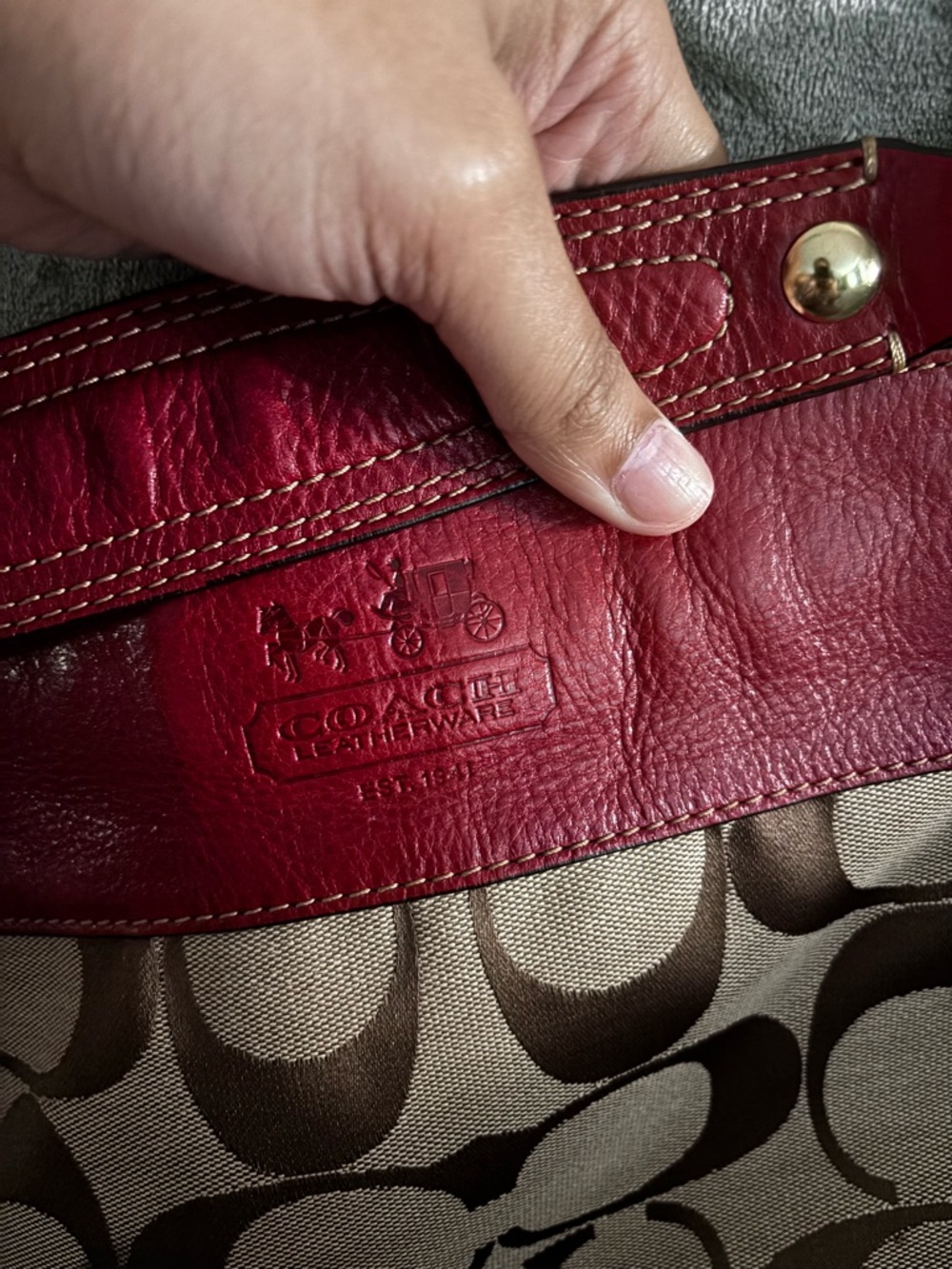Coach Signature Canvas Shoulder Bag in Khaki and Red - Picture 8 of 8